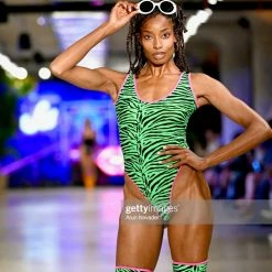 The Sugarpuss Collection Highcut Onepiece Swimsuit With Thong Back In Neon Green Zebra With Neon Pink Trim