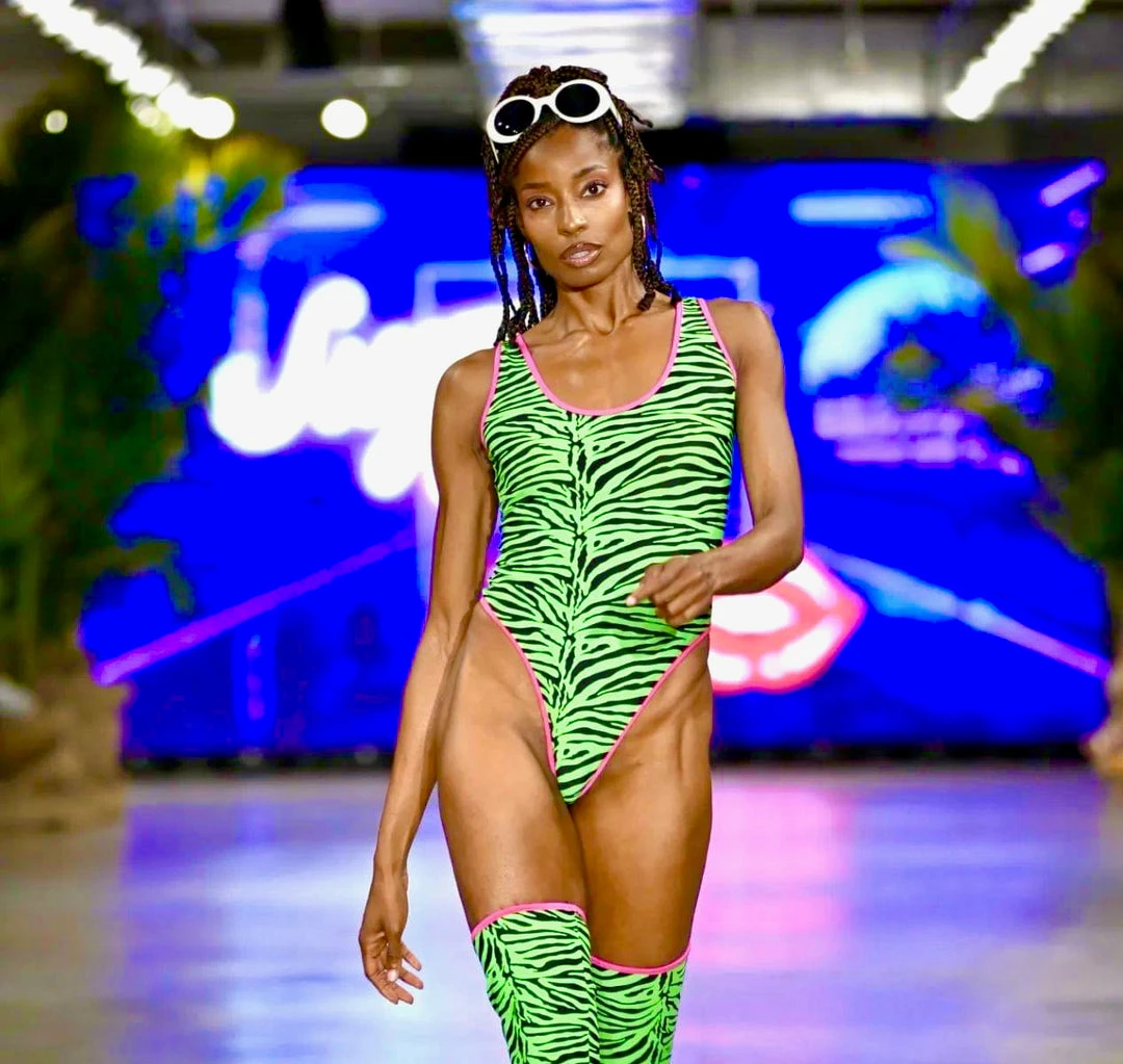 The Sugarpuss Collection Highcut Onepiece Swimsuit With Thong Back In Neon Green Zebra With Neon Pink Trim 3 The Sugarpuss Collection Highcut Onepiece Swimsuit With Thong Back In Neon Green Zebra With Neon Pink Trim