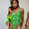 The Sugarpuss Collection Highcut Onepiece Swimsuit With Thong Back In Neon Green Zebra With Neon Pink Trim