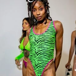 The Sugarpuss Collection Highcut Onepiece Swimsuit With Thong Back In Neon Green Zebra With Neon Pink Trim