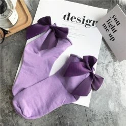 The Sugarpuss Collection Anklet Socks With Satin Bows In Lavender And Purple Modern Plaids
