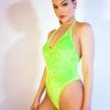 The Sugarpuss Collection Neons! Neon Crushed Velvet High Cut Halter Bodysuit In Green