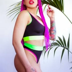 The Sugarpuss Collection Neons! Neon Trim Bikini With Sporty Top And Highcut Thong