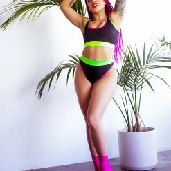 The Sugarpuss Collection Neons! Neon Trim Bikini With Sporty Top And Highcut Thong