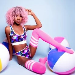 Leg Avenue Athletic Thigh High Striped Tube Socks In Neon Pink And White