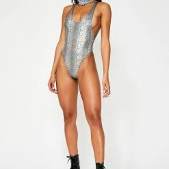 The Sugarpuss Collection Hologram Highcut Sideboob One Piece In Silver Snakeskin