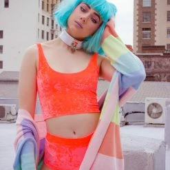 The Sugarpuss Collection Neon Crushed Velvet Crop Tank In Coral Neons!