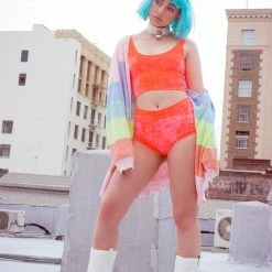 The Sugarpuss Collection Neon Crushed Velvet Highwaist Cheeky Shorts In Coral