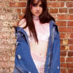 The Sugarpuss Collection Crushed Velvet Sleeveless Crop Mock Turtleneck In Baby Pink