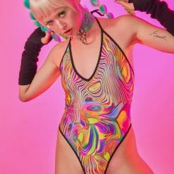 The Sugarpuss Collection Lycra High Cut Halter Bodysuit In Acid Swirl With Black Trim Neons!