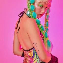 The Sugarpuss Collection Lycra High Cut Halter Bodysuit In Acid Swirl With Black Trim Neons!