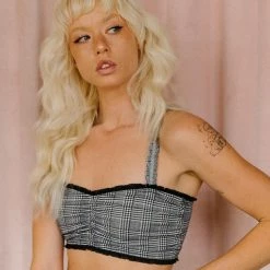 The Sugarpuss Collection Glen Plaid Bralette With Ruffle Trim In Black Pastel Cupcake