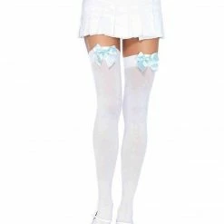Leg Avenue Opaque Thigh High Stockings In White With Blue Bows