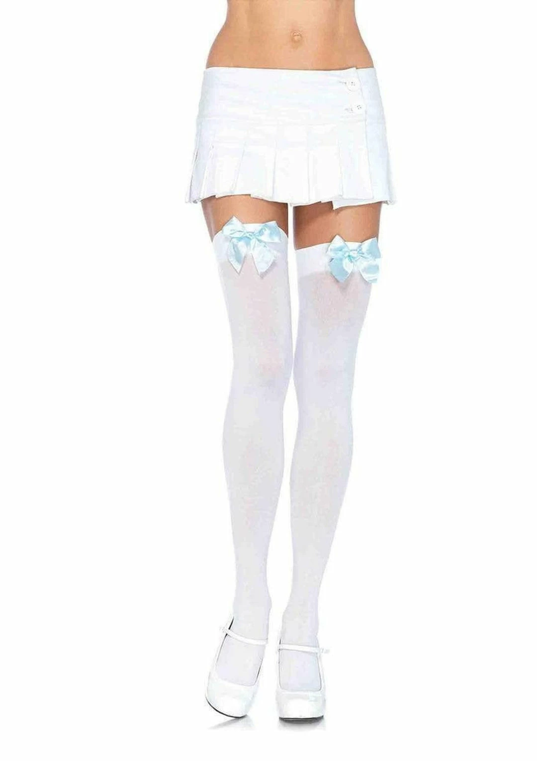 Leg Avenue Opaque Thigh High Stockings In White With Blue Bows 1 Leg Avenue Opaque Thigh High Stockings In White With Blue Bows
