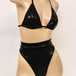 The Sugarpuss Collection Oil Slick & Dark Metallic Swim Hologram Highcut Triangle Bikini In Black