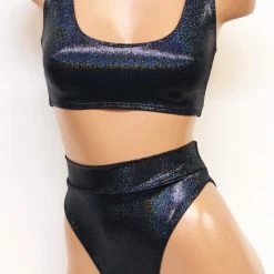 The Sugarpuss Collection Hologram Highcut Tank Bikini In Gunmetal Oil Slick & Dark Metallic Swim