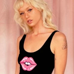 The Sugarpuss Collection Lips Crop Tank In Black With Neon Pink Lips Rollergirls And Disco Babes