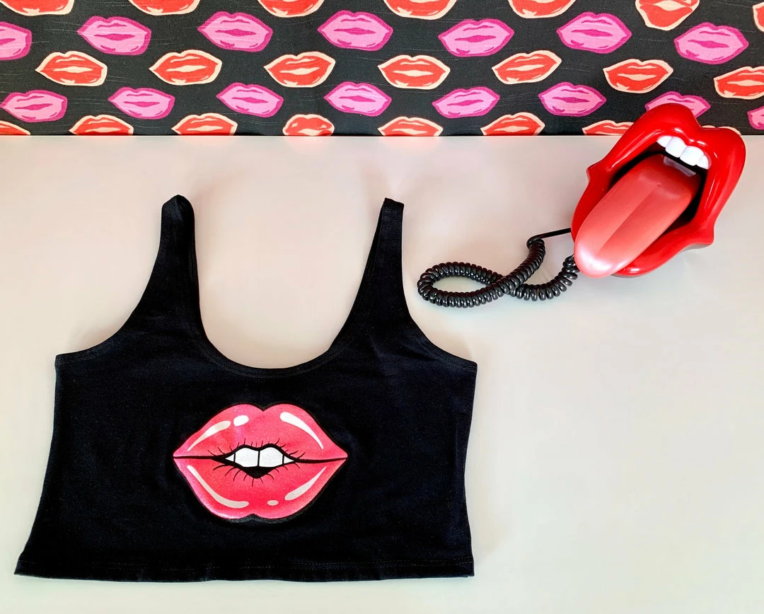 The Sugarpuss Collection Lips Crop Tank In Black With Neon Pink Lips Rollergirls And Disco Babes 6 The Sugarpuss Collection Lips Crop Tank In Black With Neon Pink Lips Rollergirls And Disco Babes