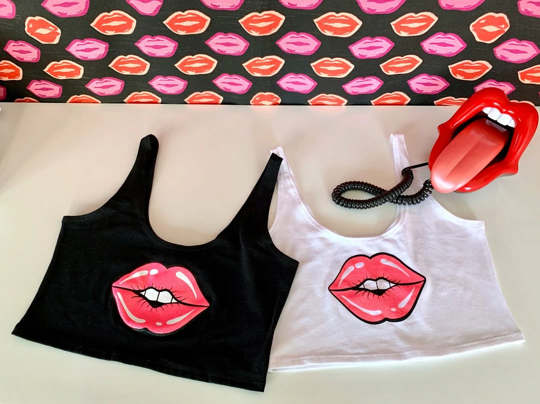 The Sugarpuss Collection Lips Crop Tank In Black With Neon Pink Lips Rollergirls And Disco Babes 7 The Sugarpuss Collection Lips Crop Tank In Black With Neon Pink Lips Rollergirls And Disco Babes