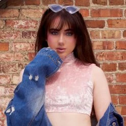 The Sugarpuss Collection Crushed Velvet Sleeveless Crop Mock Turtleneck In Baby Pink