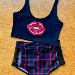 The Sugarpuss Collection Lips Crop Tank In Black With Red Lips Rollergirls And Disco Babes