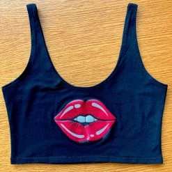 The Sugarpuss Collection Lips Crop Tank In Black With Red Lips Rollergirls And Disco Babes