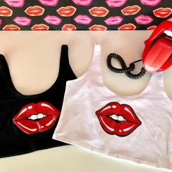 The Sugarpuss Collection Lips Crop Tank In Black With Red Lips Rollergirls And Disco Babes