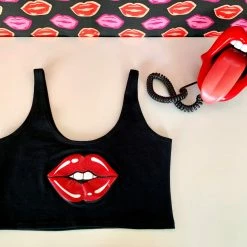 The Sugarpuss Collection Lips Crop Tank In Black With Red Lips Rollergirls And Disco Babes