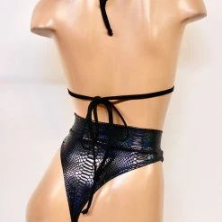 The Sugarpuss Collection Hologram Highcut Triangle Bikini In Black Snakeskin