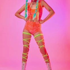 The Sugarpuss Collection Neon Crushed Velvet Highwaist Cheeky Shorts In Coral