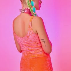 The Sugarpuss Collection Neon Crushed Velvet Highwaist Cheeky Shorts In Coral