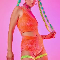 The Sugarpuss Collection Neon Crushed Velvet Highwaist Cheeky Shorts In Coral