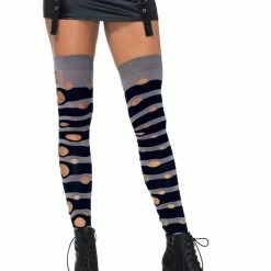 Leg Avenue Sock Obsession Distressed Thigh High Stockings In Black And Grey Stripe