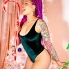 The Sugarpuss Collection Lush Velvets Plush Velvet Highcut Scoopneck Bodysuit In Forest Green