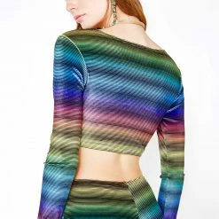 The Sugarpuss Collection Rollergirls And Disco Babes Velvet Rainbow Stripe Long Sleeve Crop Top