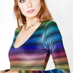 The Sugarpuss Collection Rollergirls And Disco Babes Velvet Rainbow Stripe Long Sleeve Crop Top