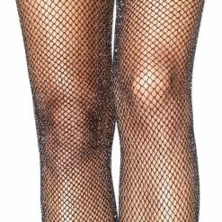 Leg Avenue Sheer, Mesh And Fishnet Glitter Shimmer Fishnet Tights In Black With Silver