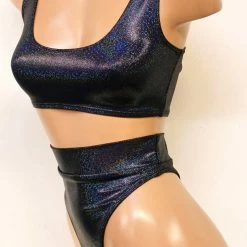 The Sugarpuss Collection Oil Slick & Dark Metallic Swim Hologram Highcut Tank Bikini In Gunmetal
