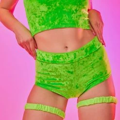 The Sugarpuss Collection Neons! Neon Crushed Velvet Highwaist Cheeky Shorts In Green
