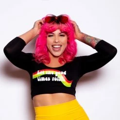 The Sugarpuss Collection Rollergirls And Disco Babes 'Let The Good Times Roll' 3/4 Sleeve Crop Top In Black