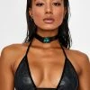 The Sugarpuss Collection Oil Slick & Dark Metallic Swim Hologram Triangle Bikini Top In Gunmetal