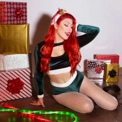 The Sugarpuss Collection Velvets Santa's Helper Green Velvet Long Sleeve Top And Cheeky Shorts Set