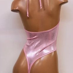 The Sugarpuss Collection Bodysuits Hologram High Cut Halter Bodysuit In Baby Pink