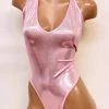 The Sugarpuss Collection Bodysuits Hologram High Cut Halter Bodysuit In Baby Pink