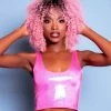The Sugarpuss Collection Rollergirls And Disco Babes Hologram Crop Tank In Neon Pink