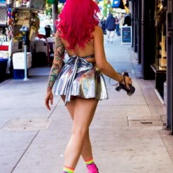 The Sugarpuss Collection See Ya At The Festie! Hologram Circle Skirt In Silver