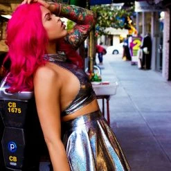 The Sugarpuss Collection See Ya At The Festie! Hologram Circle Skirt In Silver