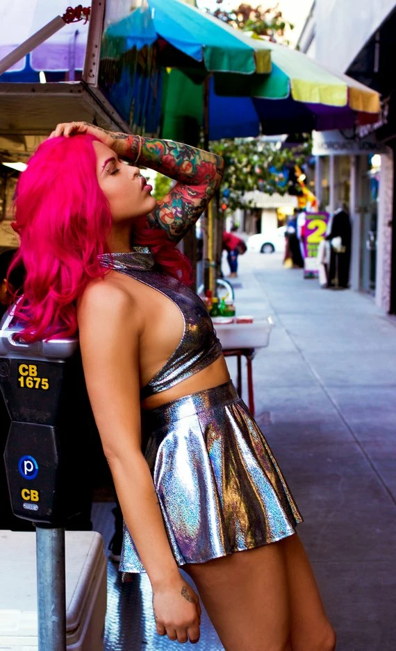 The Sugarpuss Collection See Ya At The Festie! Hologram Circle Skirt In Silver 2 The Sugarpuss Collection See Ya At The Festie! Hologram Circle Skirt In Silver