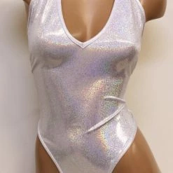 The Sugarpuss Collection See Ya At The Festie! Hologram High Cut Halter Bodysuit In White