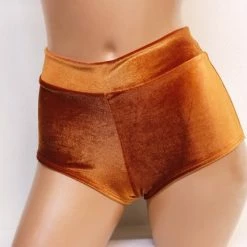 The Sugarpuss Collection See Ya At The Festie! Plush Velvet Highwaist Cheeky Shorts In Caramel